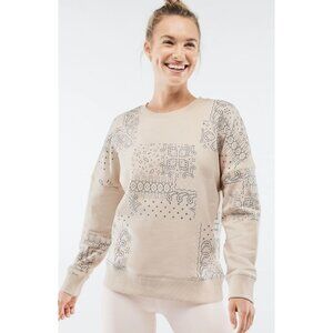 FABLETICS Oatmeal + Navy Blue Paisley Print Crewneck Kourtney Sweatshirt Medium